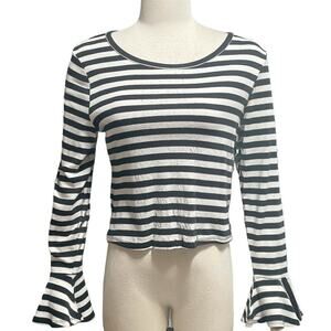 Maeve for Anthropologie Black & White Striped Long Bell Sleeve Crop Top Size M